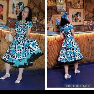 HEARTS & ROSES TURQUOISE POPPY FLORAL ISABELLA DRESS Rockabilly Retro Size XS/2